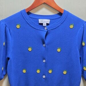Free Assembly Cardigan Sweater Womens Small Blue Pineapple Beaded Puff Sleeve